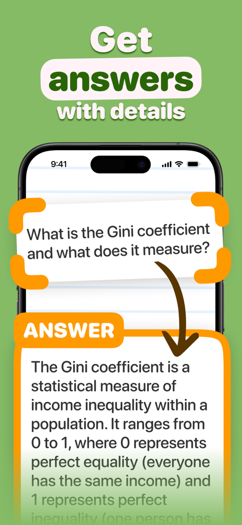 A mobile screen showing the Economics AI app providing a detailed answer to an economics question about the Gini coefficient.