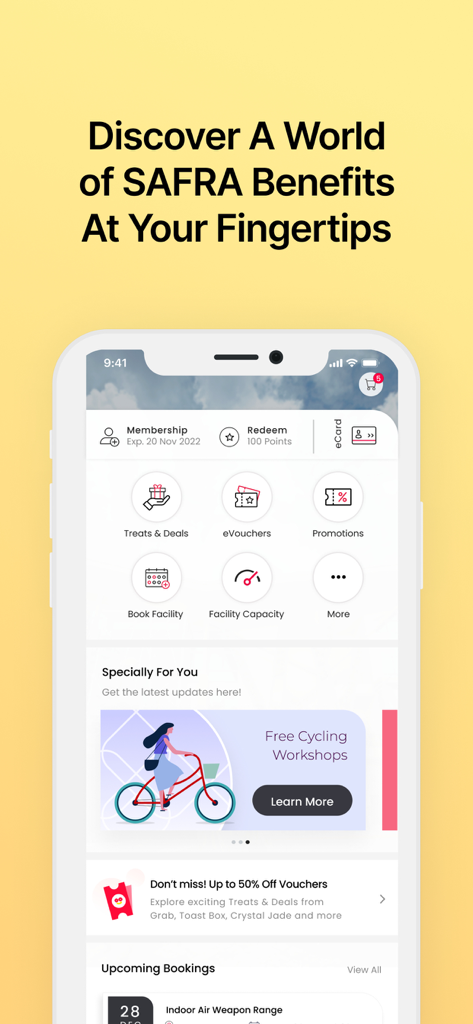 SAFRA mobile app dashboard showing member benefits deals and facility booking options