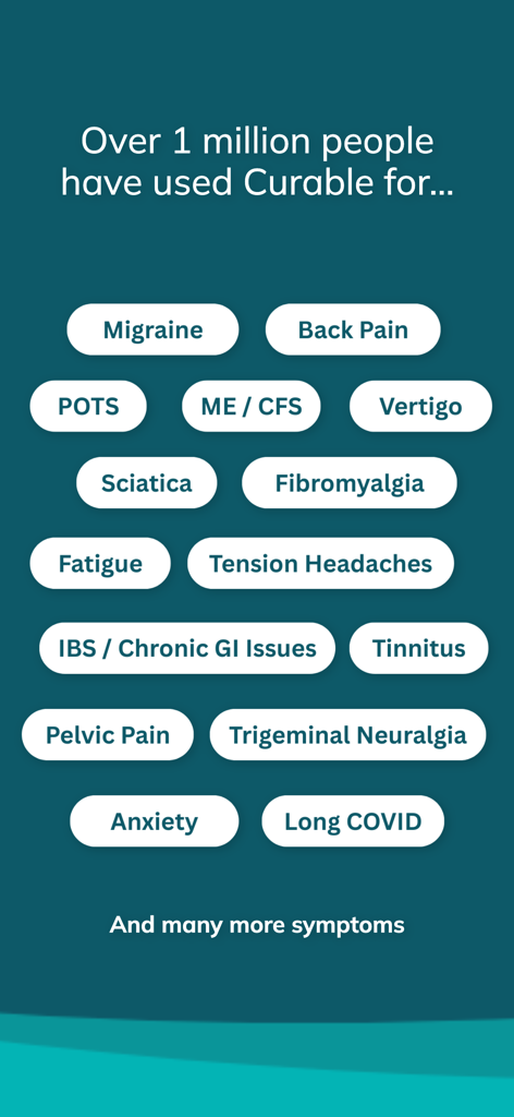 A screen showing various conditions treated by the Curable app including migraine back pain and fibromyalgia
