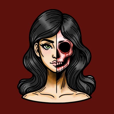 bust of a woman, half face and hair, half skull