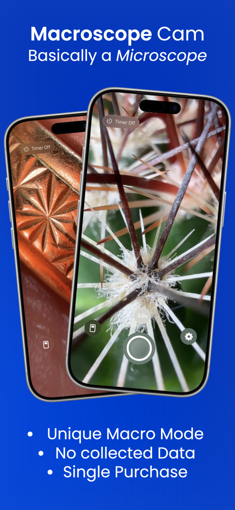 Macroscope Cam app interface showing extreme close-up macro photography of a plant and a textured pattern on iPhone screens