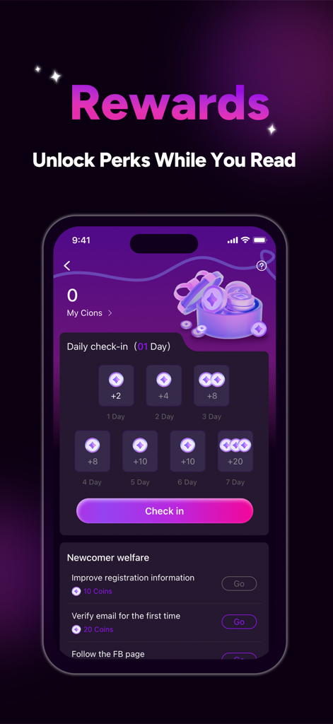 Mumu: Premium Novels & Stories - Mumu app rewards page showing daily check-in calendar and newcomer tasks to earn coins while reading.