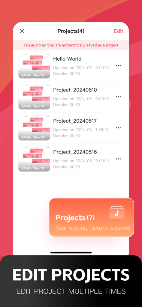 Interface of Audio Editor app showing a list of saved audio projects and editing history
