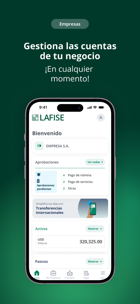 LAFISE Bancanet - LAFISE Bancanet mobile app interface showing business account management with pending payroll and service payment approvals