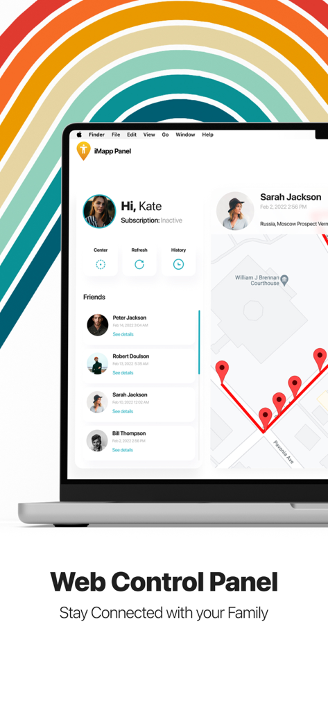 Find My Friends Phone - iMapp - iMapp web control panel on a laptop showing family location tracking and movement history on a map