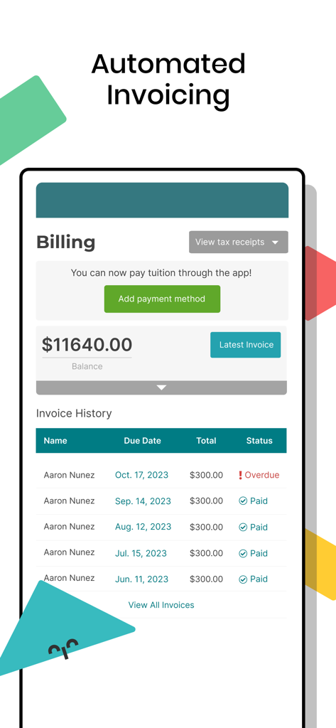 Lillio app screen showing automated invoicing with billing history and tuition payment options for childcare centers and parents
