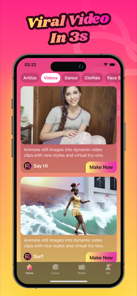 HoloMet mobile app interface showing viral video templates for animating still images