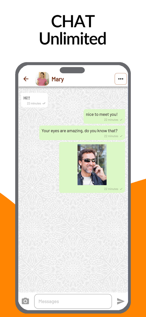Plus40 - dating and chat. - Screenshot of the Plus40 dating app chat interface showing a conversation between two mature singles.