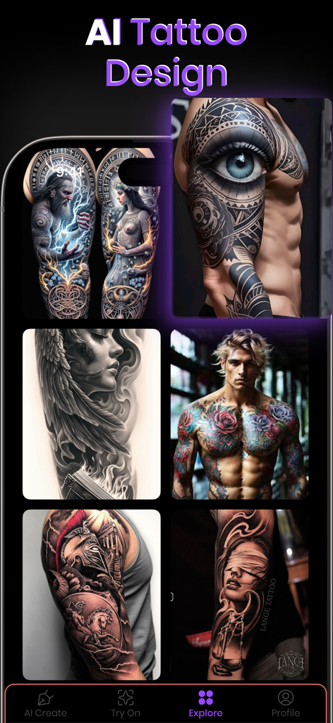 Ink Ai Tattoo Design Generator - The explore screen of Ink Ai Tattoo Design Generator showing a variety of realistic AI tattoo designs on people