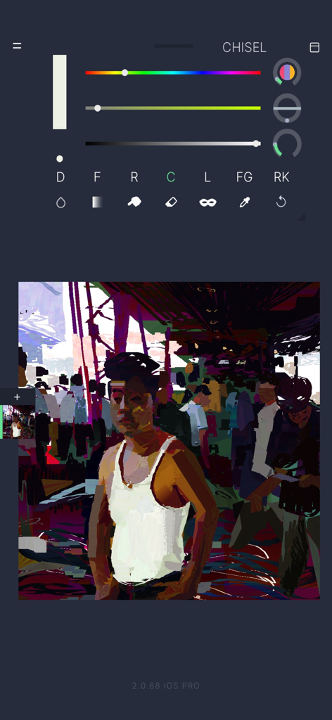 HEAVYPAINT Classic - Interface of HEAVYPAINT Classic app featuring a colorful digital portrait study and minimalist toolbars