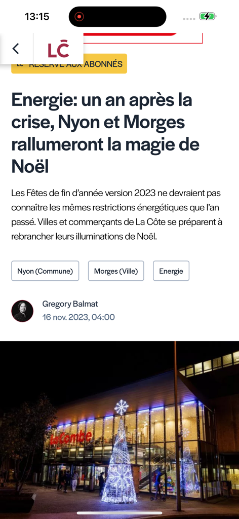 Screenshot eines Nachrichtenartikels in der La Cote App über Weihnachtsbeleuchtung in Nyon und Morges