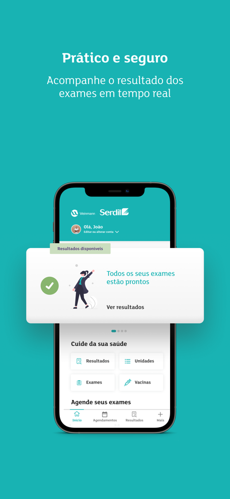 Weinmann Serdil - Interface do aplicativo móvel Weinmann Serdil mostrando uma notificação de que os resultados de exames médicos estão prontos