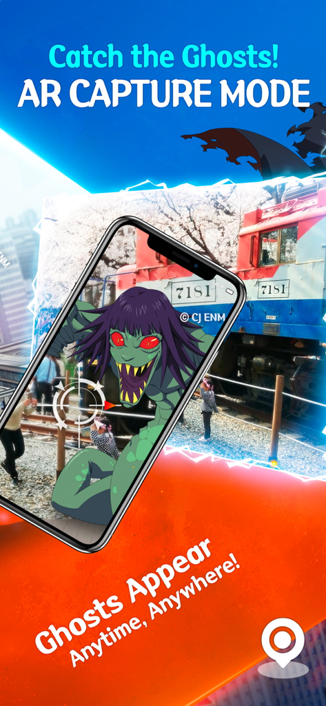 GETCHA GHOST-The Haunted House - A smartphone screen showing a spooky green ghost character in AR capture mode at a train station.