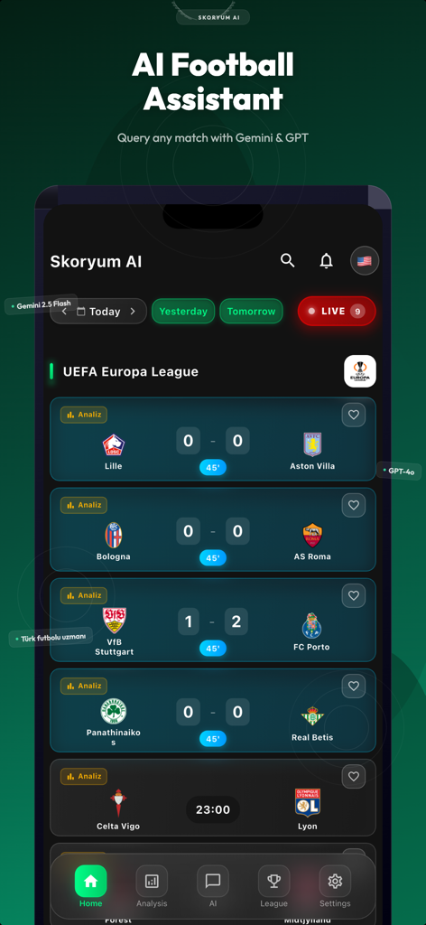 Skoryum AI-Football Predict - Skoryum AI app interface showing live football scores and match analysis for the UEFA Europa League