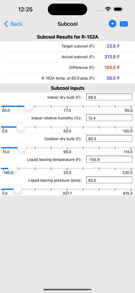 HVAC RefCharge - Screenshot of the subcool calculation screen in the HVAC RefCharge app showing results and input sliders for R-152A refrigerant.