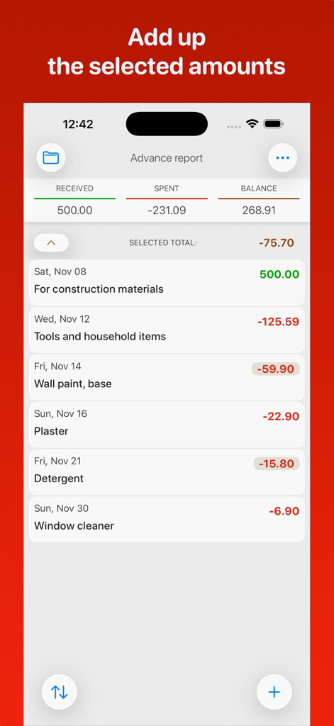 Eine Benutzeroberfläche einer mobilen App, die verfolgte Ausgaben für Bauprojekte mit einem berechneten Guthaben zeigt
