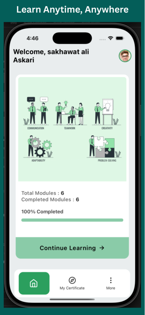 PakSoftSkills app home screen showing completed soft skills training modules and progress tracker