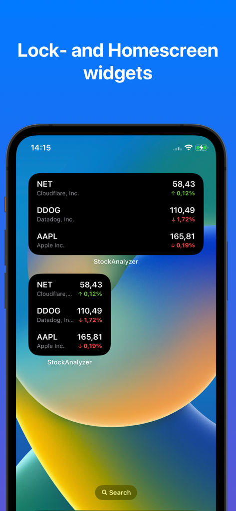 Stock Analyzer for Investing - Pantalla de inicio del iPhone mostrando widgets del analizador de acciones con seguimiento de precios en tiempo real de Apple y otras acciones