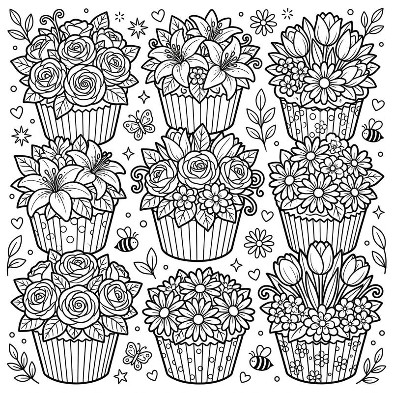 Indulge your creative side with these charming spring cupcake bouquets, each a delightful arrangement of flowers waiting for your vibrant colors. Perfect for celebrating the fresh beauty of the season, this page offers a sweet escape into a world of floral artistry.