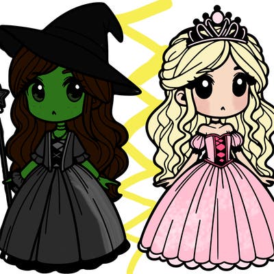 2 girls 1 a witch and 5he other a princess