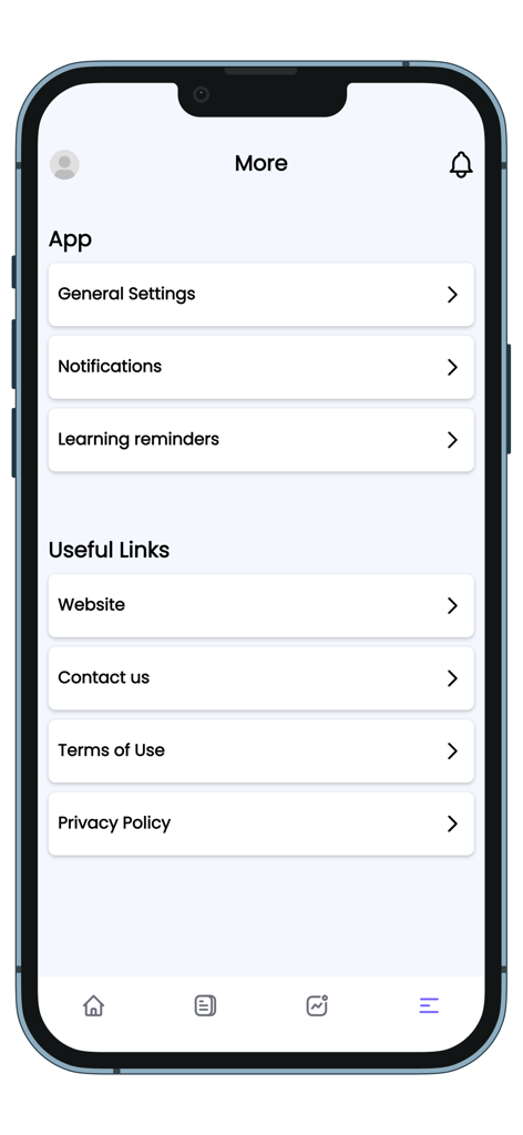 A screenshot of the more menu in the MyHistory app showing settings and useful links