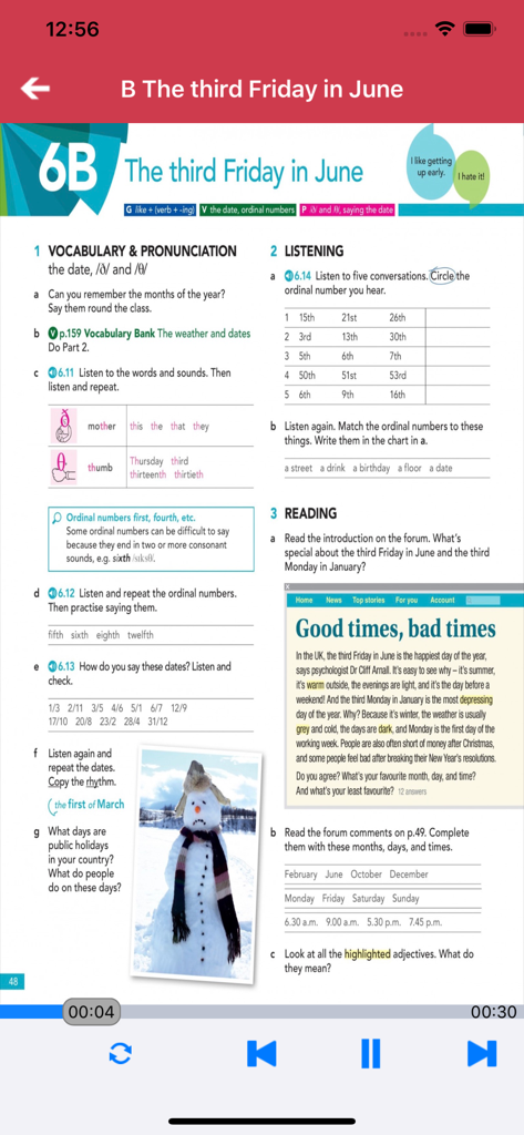 牛津英语 English File -Elementary - Screenshot of an English File Elementary lesson covering vocabulary, pronunciation, listening, and reading exercises about dates and ordinal numbers.