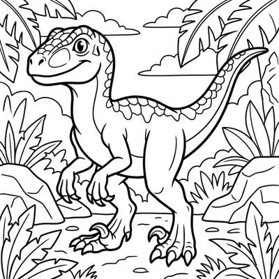 Unleash your child's inner paleontologist with this exciting Velociraptor coloring page, perfect for young dinosaur lovers. Featuring a friendly prehistoric creature ready for a splash of color in its jungle home.