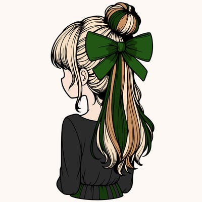 realistic girl  with hip length hair a bun and a big bow on the back of head