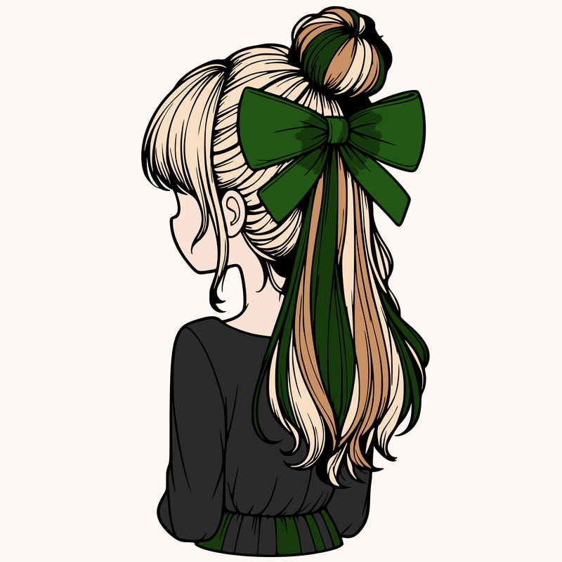 realistic girl  with hip length hair a bun and a big bow on the back of head