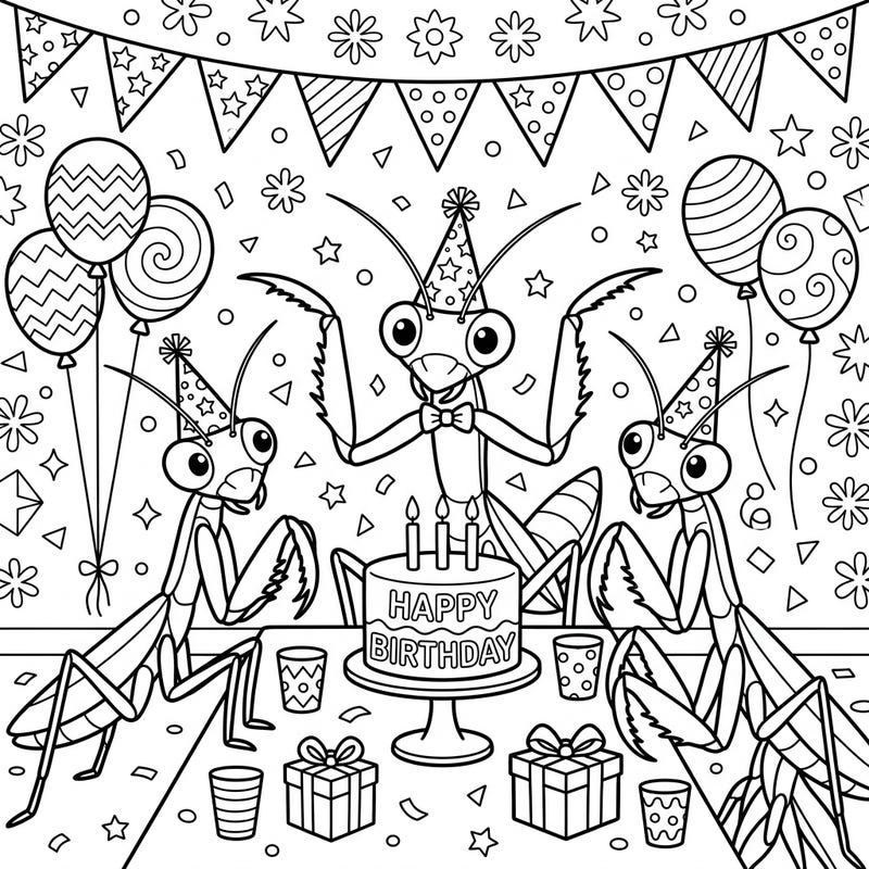 Dive into a uniquely charming birthday celebration with our praying mantis coloring page. Adorn these festive insects with vibrant hues as they gather around cake and presents.