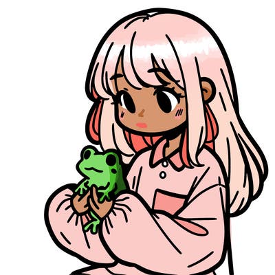 girl with long hair and a oversized shirt. and she is holding a frog