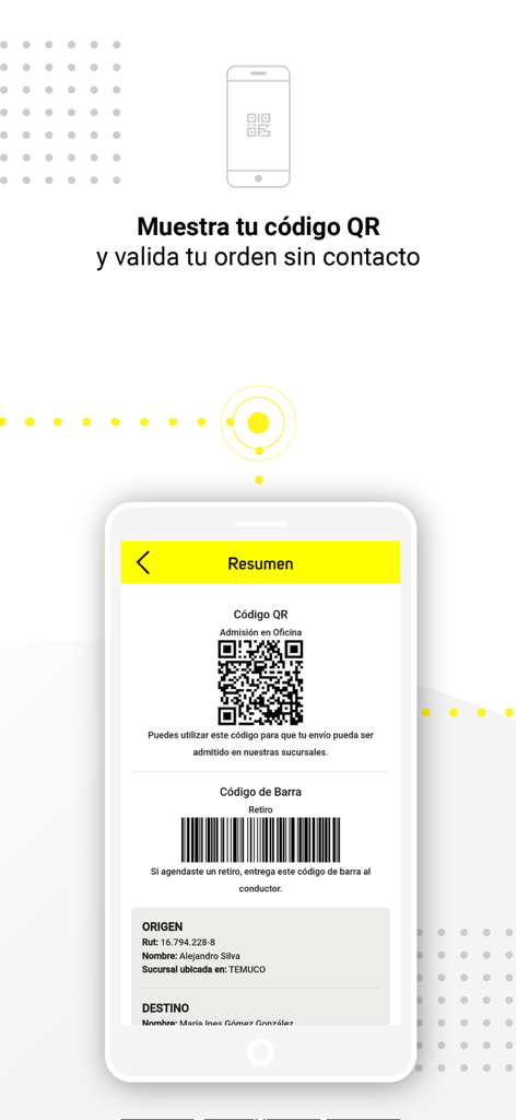 Chilexpress - Pantalla de la aplicación Chilexpress que muestra un código QR y un código de barras para envíos sin contacto y validación de pedidos.