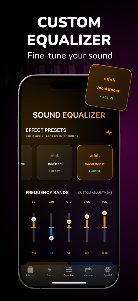 Interfaz de iPhone que muestra un ecualizador de sonido multibanda personalizado con deslizadores de frecuencia y preajuste de realce vocal