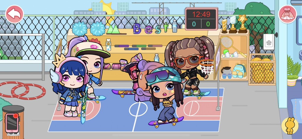 Tut World:City Life Creator - Cartoon characters playing with skateboards and basketballs on a colorful outdoor sports court in Tut World