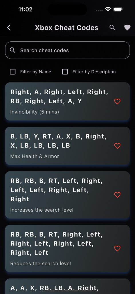 Xbox cheat codes for GTA V displayed in a mobile app list