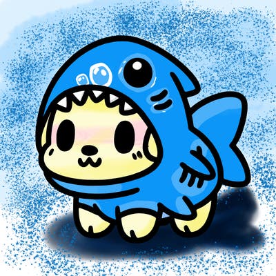 cute dog wearing a shark costume