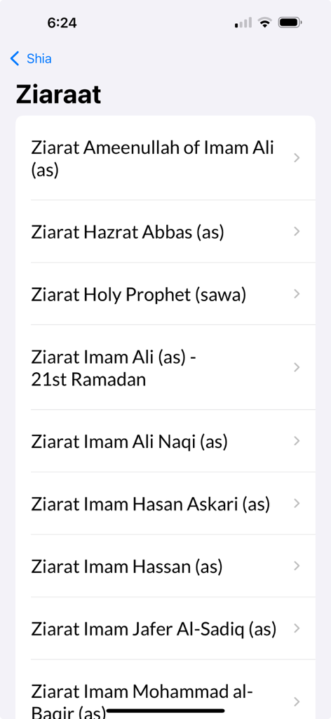 Shia App - A list of various Ziaraat prayers available in the Shia App