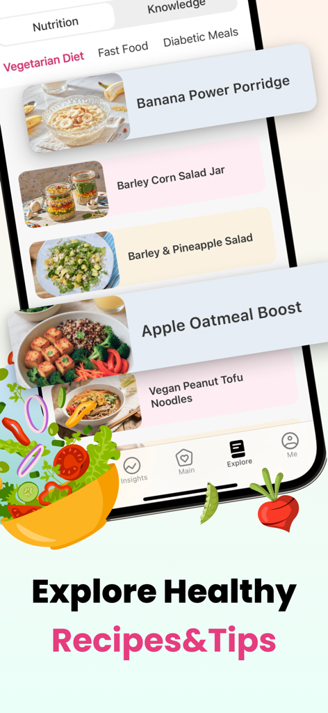 Mobile app interface displaying a list of healthy vegetarian recipes including banana porridge and barley salad jar
