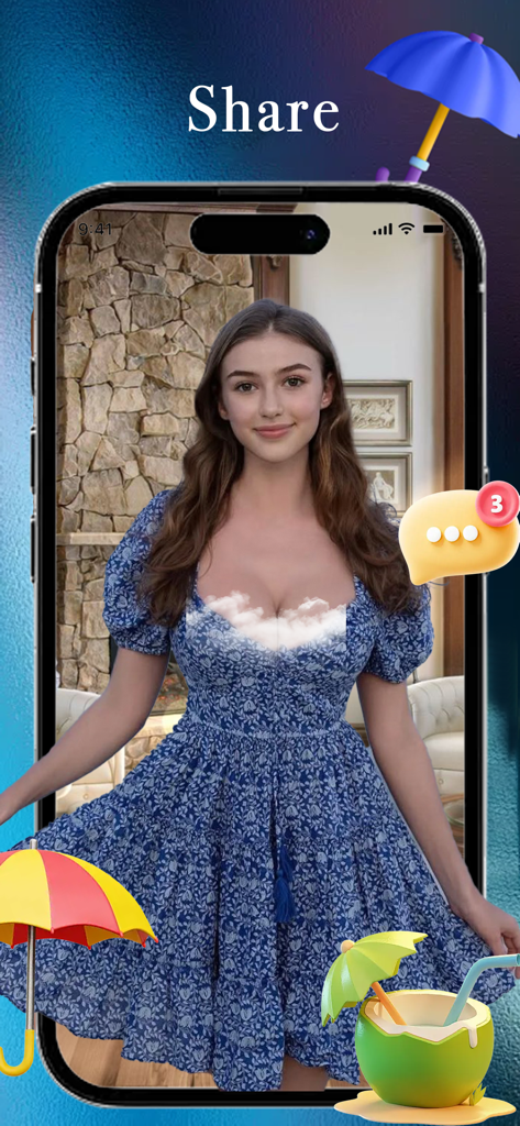 Palmo - Adult Connect, Share - Palmoアプリのプロモーションスクリーンショット。青いドレスの女性と装飾的な傘のアイコン、そして「Share」という言葉が表示されています。