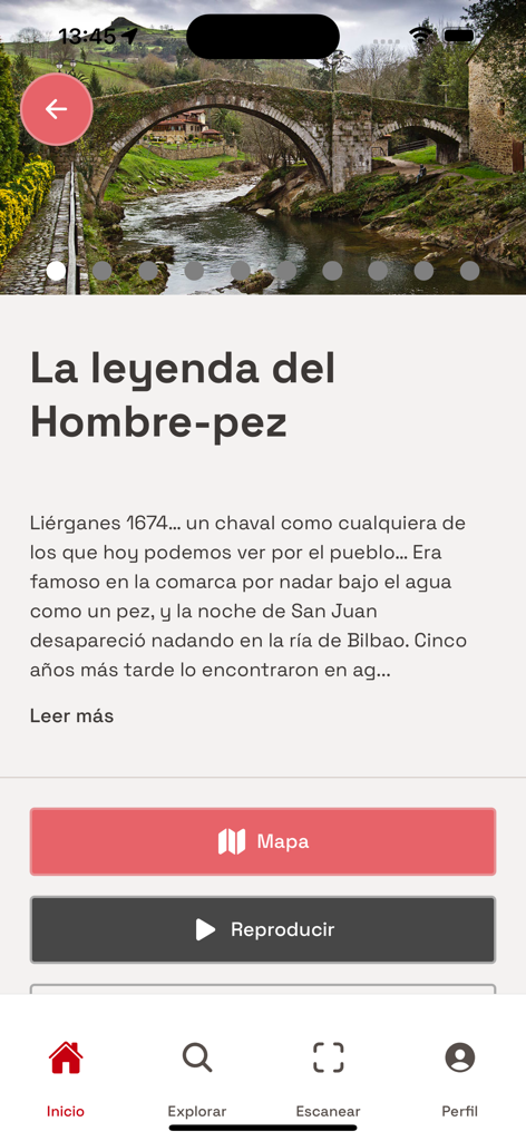 Te cuento - Te Cuento mobile app screen displaying the legend of the Fish-man with a stone bridge photo and play button