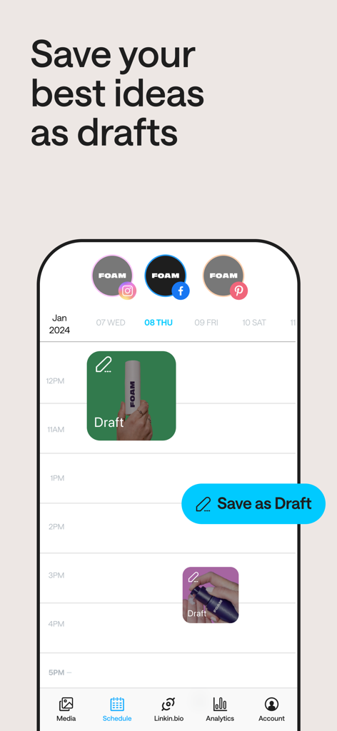 Later: Social Media Scheduler - Screenshot der Later-App-Oberfläche, die Entwürfe von Social-Media-Posts in einem Content-Kalender anzeigt