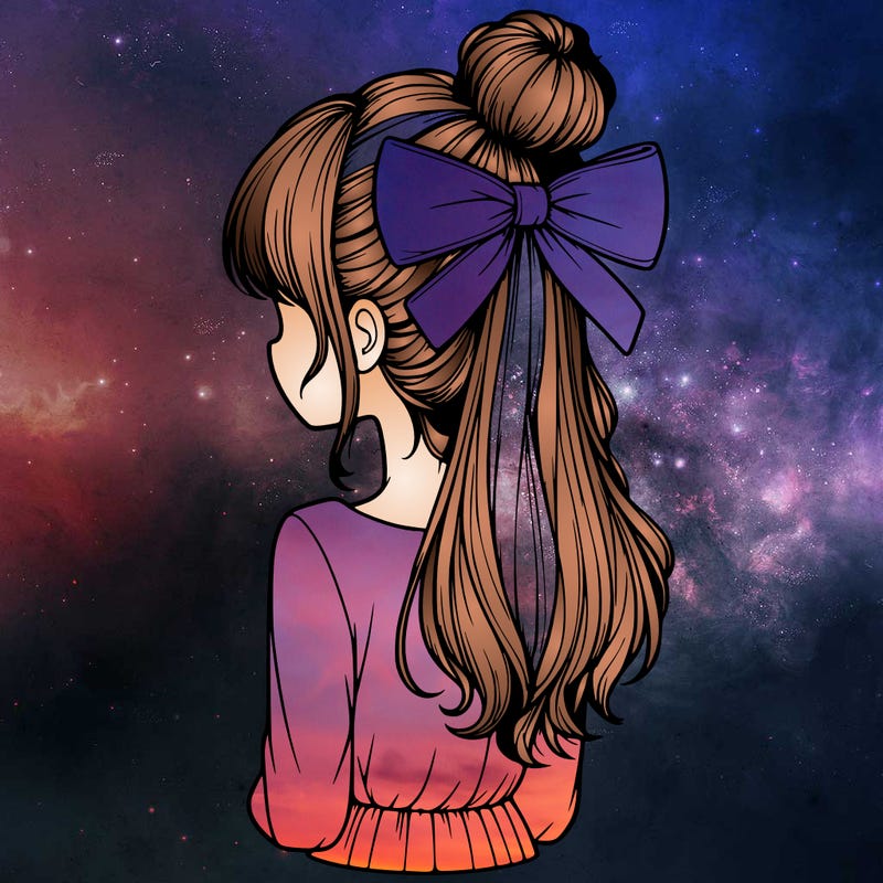 realistic girl  with hip length hair a bun and a big bow on the back of head