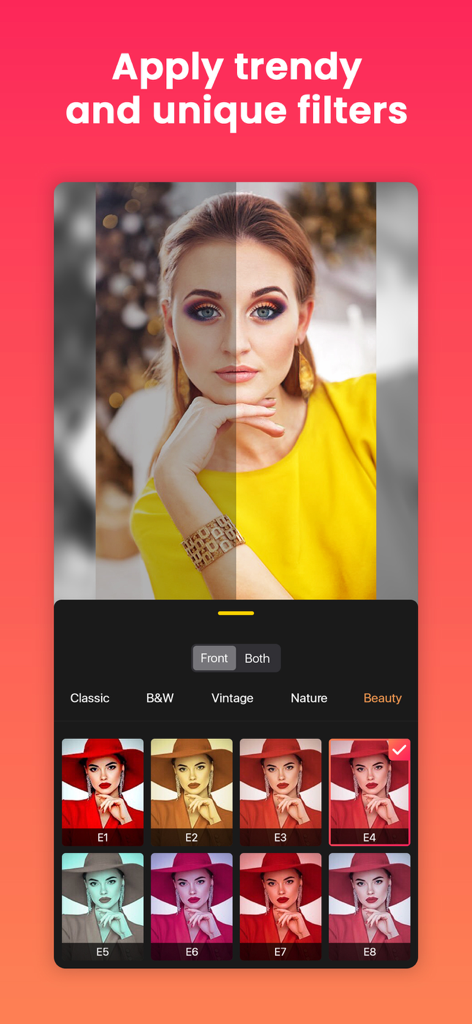 Quick Edit: Video，Photo Editor - Quick Edit app screen showing trendy photo filters and a before and after comparison.