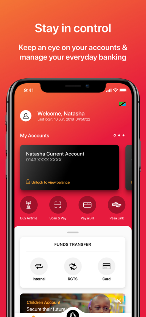 DTB Tanzania 24/7 - DTB Tanzania mobile banking app home screen showing account management and funds transfer features