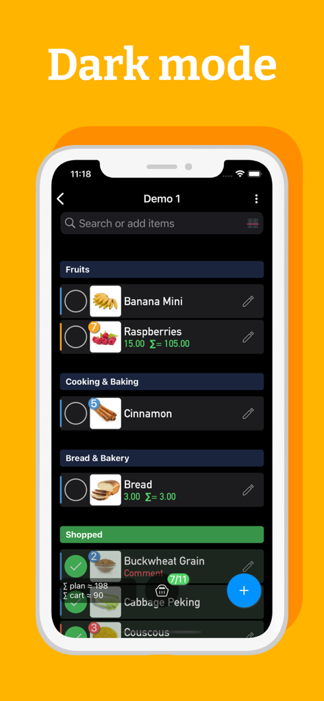 Grocery Shopping List - Pro - Dunkelmodus-Benutzeroberfläche der Grocery Shopping List Pro App, die organisierte Lebensmittelkategorien und Artikel anzeigt