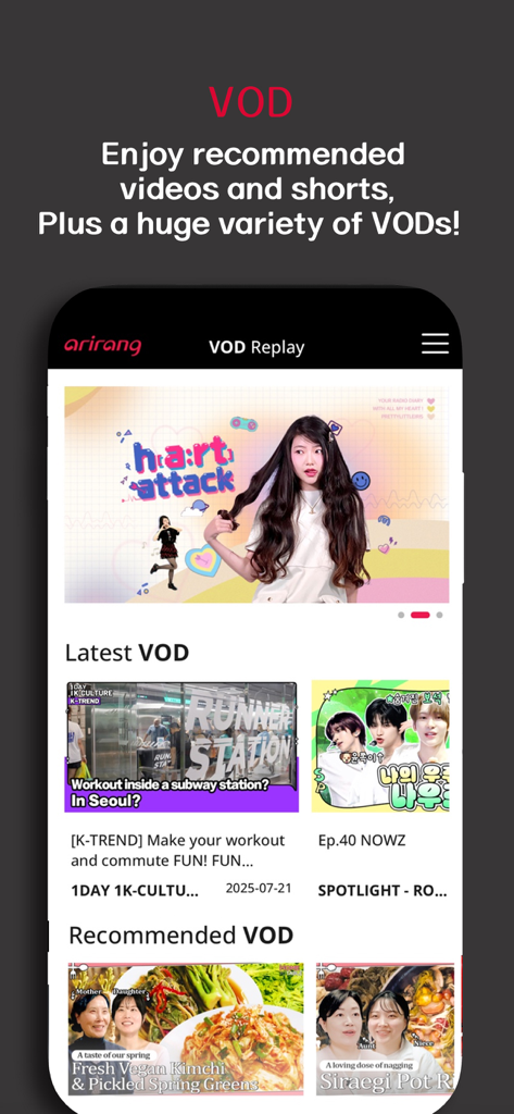 ArirangTV app interface showing VOD replay options including K-Pop and Korean food videos