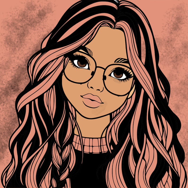 girl with long hair and freckles and glasses realistic