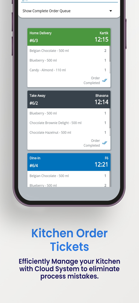 Just Billing POS Point of Sale - Digital kitchen order tickets display on a mobile POS application