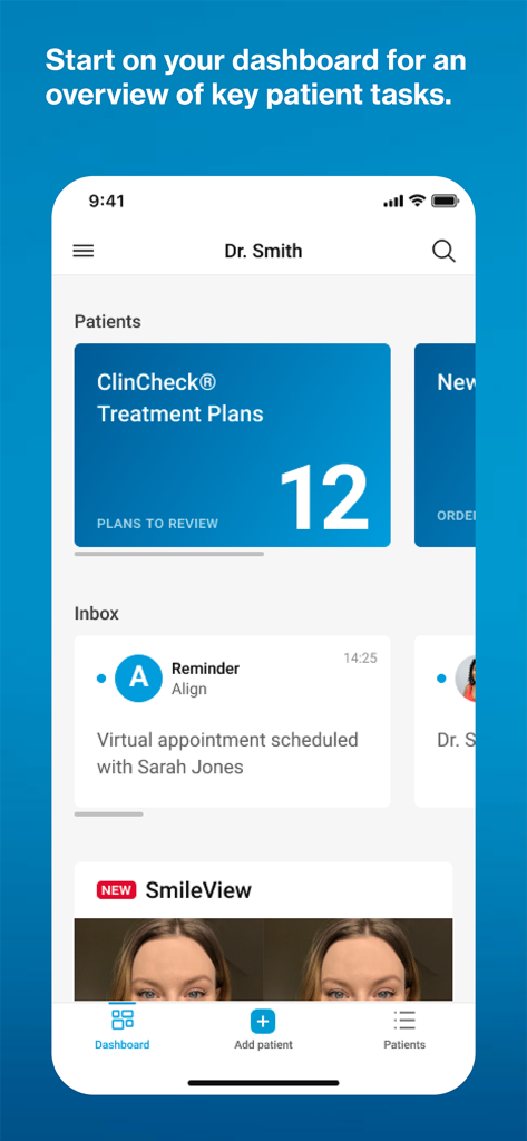 Invisalign Practice App - El panel de control de la App de Práctica Invisalign que muestra un resumen del doctor de los planes de tratamiento a revisar y las citas programadas de los pacientes.