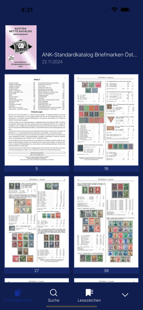 Digital overview of pages in the ANK Austrian stamp catalog showing various stamps and descriptions